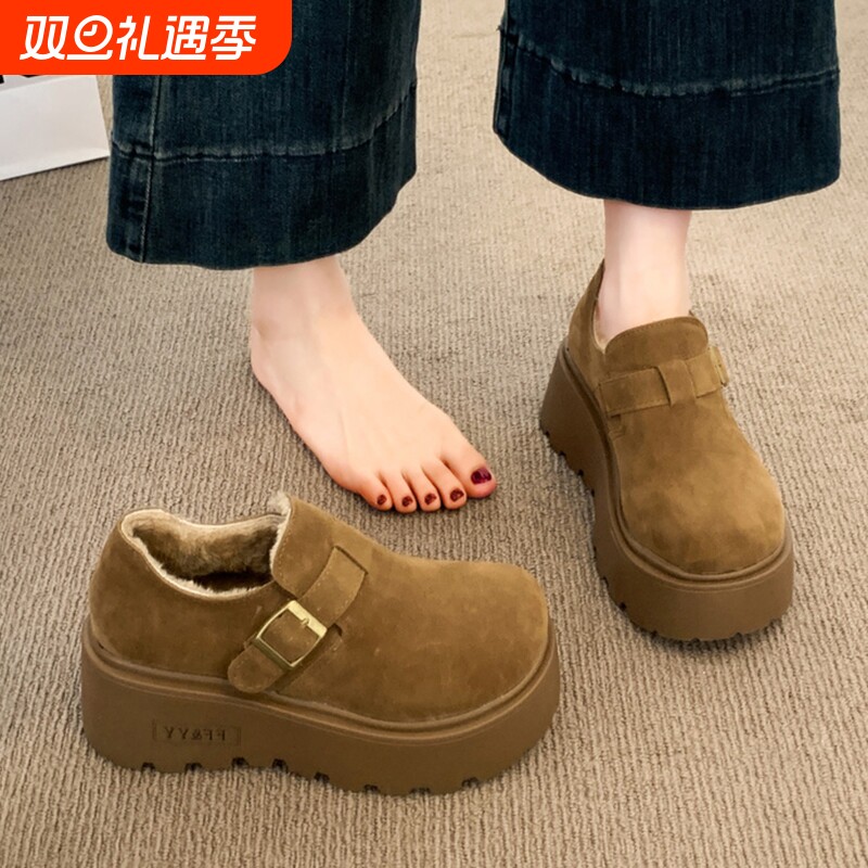 松糕厚底增高加绒全包勃肯鞋女2025新款冬季雪地靴一脚蹬乐福棉鞋