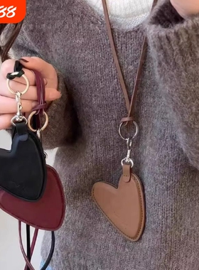 皮质爱心挂绳小包项链女款韩系可爱秋冬挂脖毛衣链零钱包挂件配饰