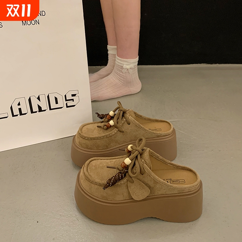 勃肯鞋包头半拖鞋女外穿2025新款厚底增高袋鼠鞋平底百搭棕色时尚