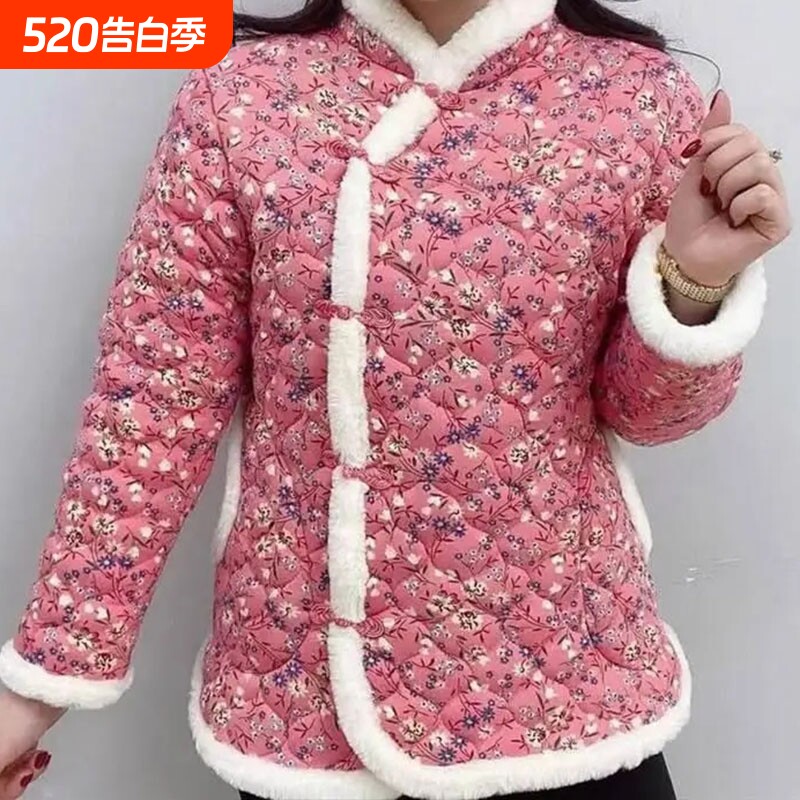棉服冬中国加厚棉袄女装复古妈妈东北旗袍棉衣外套中老年大花新款