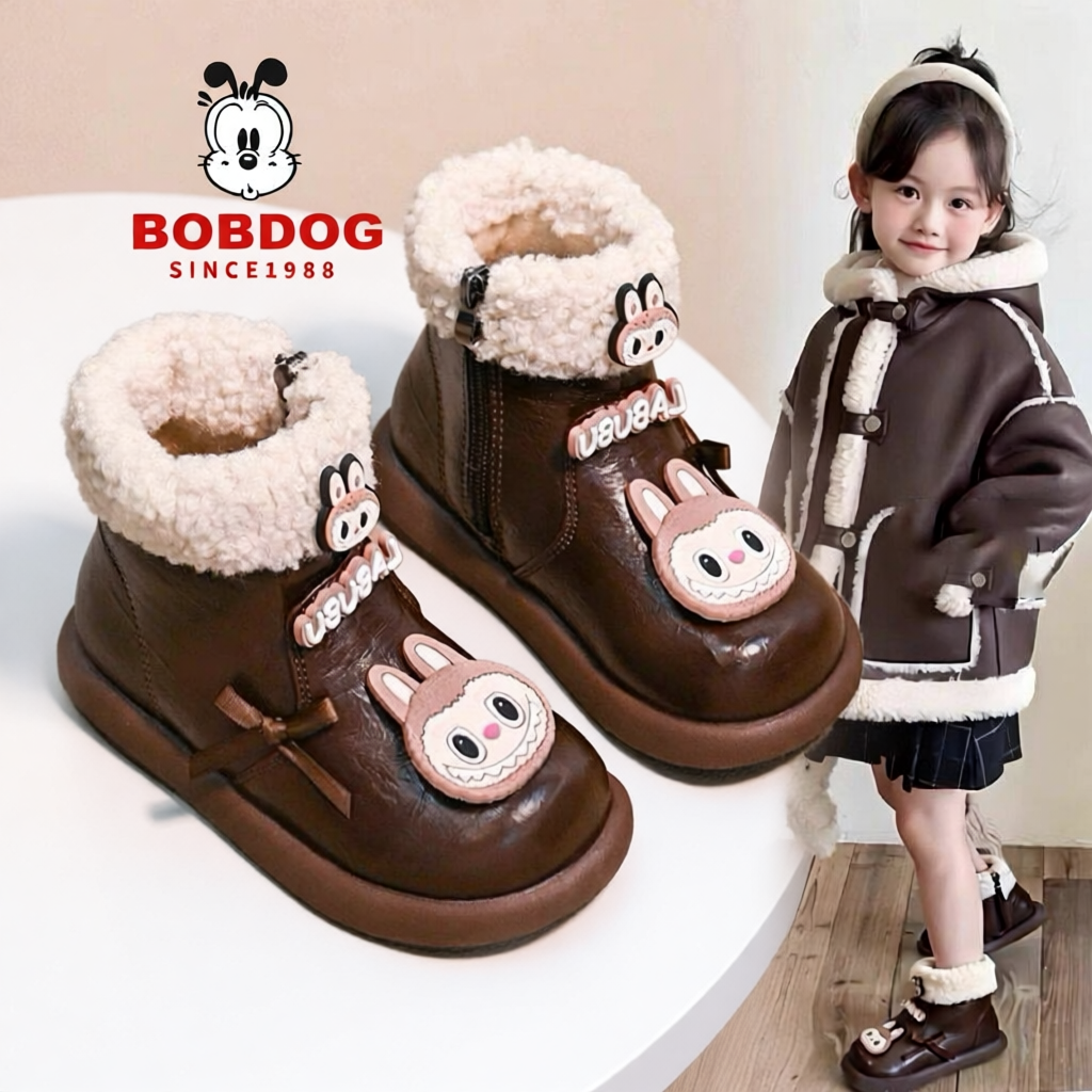 巴布豆女童靴子短靴2025新款冬季儿童卡通皮靴女宝加绒二棉鞋冬款