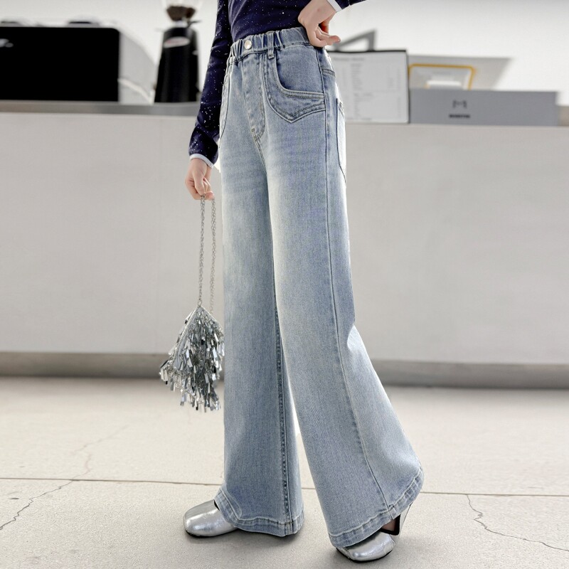 女童牛仔裤春装2026新款儿童裤子大童女孩直筒长裤潮中腰蓝色轻薄