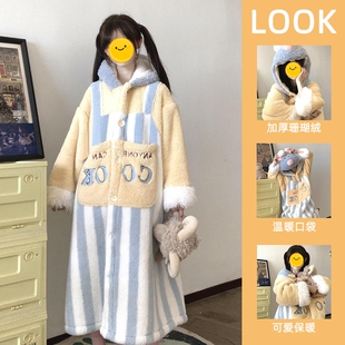 珊瑚绒睡衣女款2025冬加厚男秋冬季料理鼠王睡袍家居服可外穿加绒