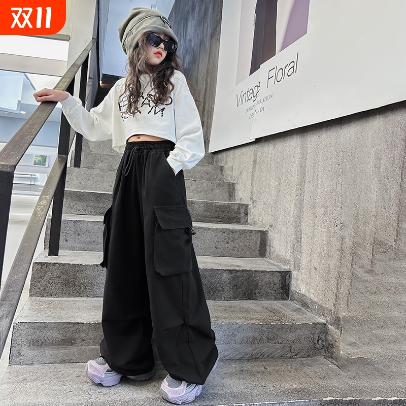 黑色工装裤女童秋装2025新款儿童裤子大童秋季潮酷阔腿裤卡其色