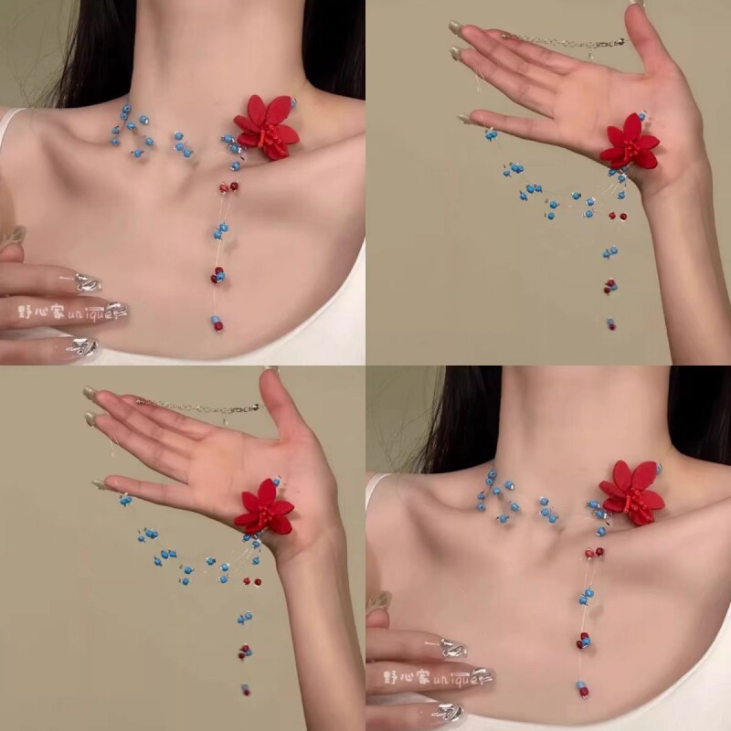 明媚少女春日多巴胺花朵项链2025新款蓝色串珠choker锁骨链