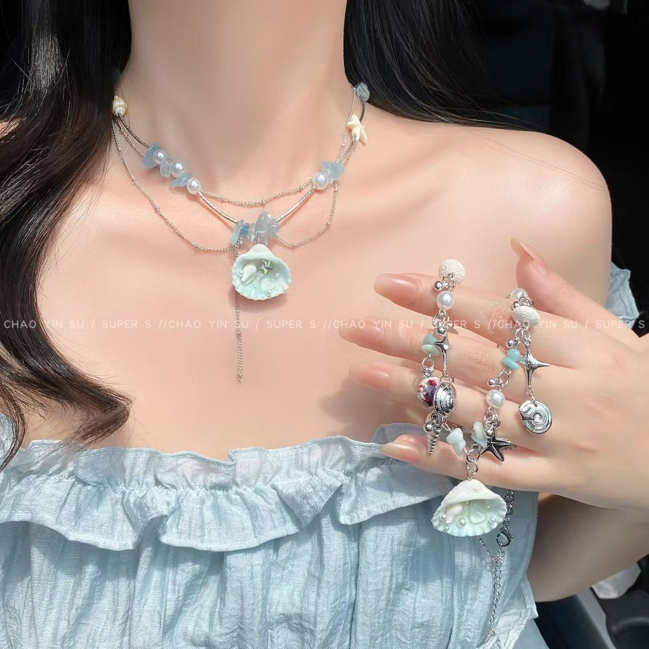 海洋~贝壳珍珠流苏项链女y2k辣妹蓝色锁骨链颈链配饰海螺串珠七夕