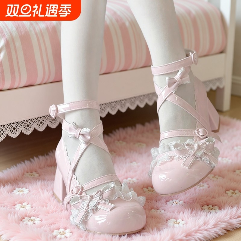 快团公主风lolita鞋星可爱doll感中跟蕾丝花边玛丽珍风铃语