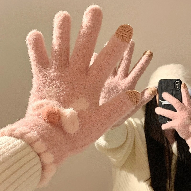 可触屏针织手套女秋冬季毛线保暖五指可爱学生冬天骑车新款蝴蝶结