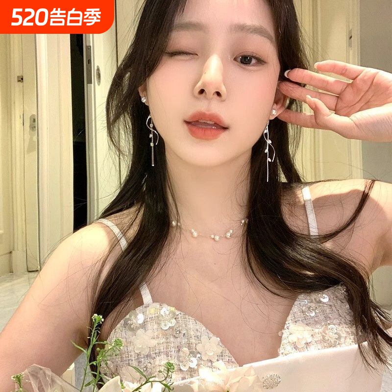 过年韩系树叶珍珠流苏耳环女轻奢高级感气质耳钉耳饰无耳洞耳夹