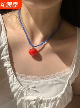 春夏缤纷彩色水果撞色串珠项链女甜酷辣妹风锁骨链配饰品趣味吊坠