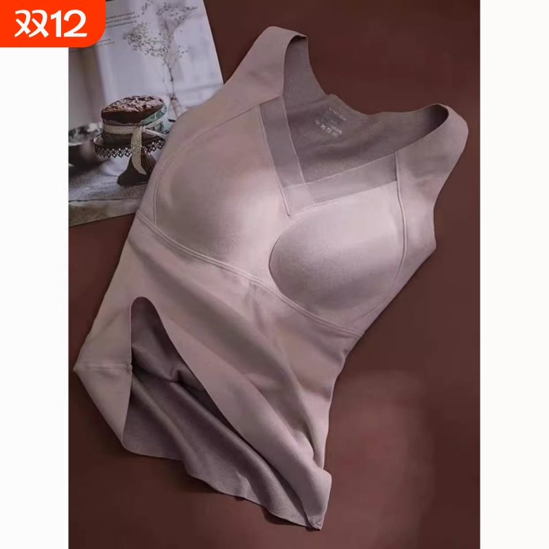 石墨烯德绒马甲一体式胸垫免穿文胸修身托胸性感网纱发热保暖背心