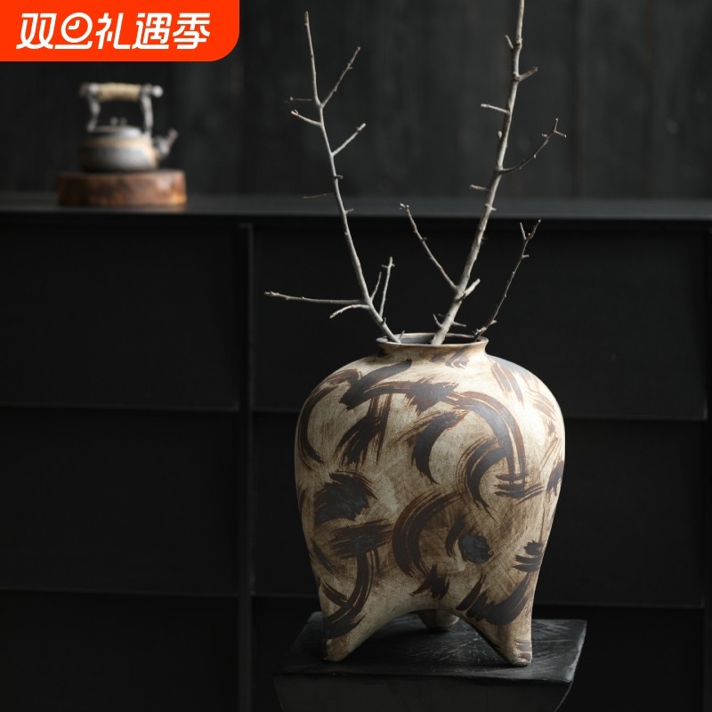 景德镇侘寂风陶瓷花瓶复古怀旧粗陶罐新中式花器酒店民宿家居摆件