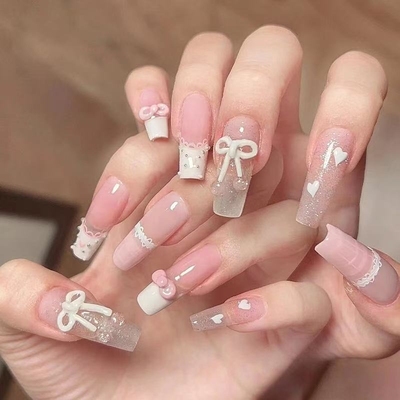 蝴蝶结少女穿戴甲中长款2025新款高级感蕾丝美甲指甲贴片梯形椭圆