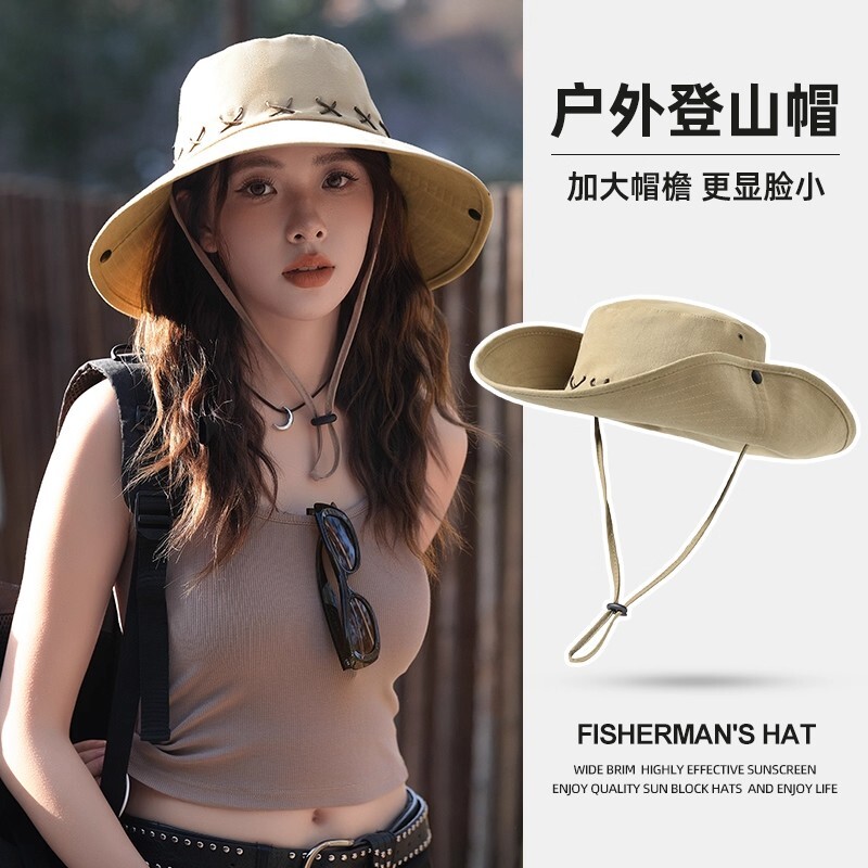 渔夫登山帽女款西部牛仔帽防晒太阳帽子徒步男遮阳大帽檐户外旅行