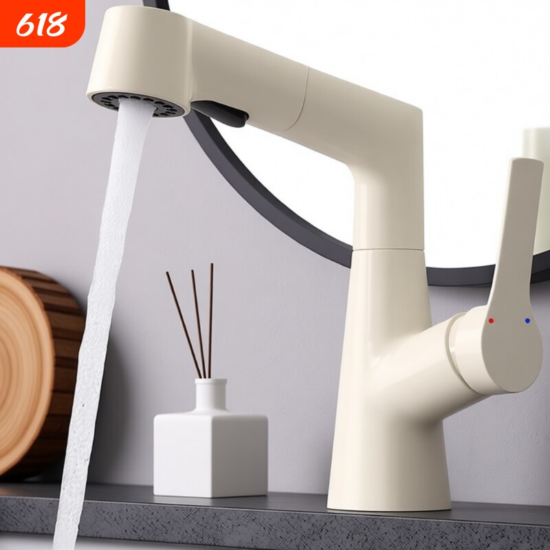 风全铜白色洗手盆水龙头家用洗脸盆抽拉式卫生间面盆冷热静音奶油