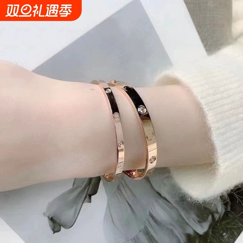 经典款手镯男女款18K玫瑰金宽窄版镶钻情侣款轻奢百搭手环不掉色