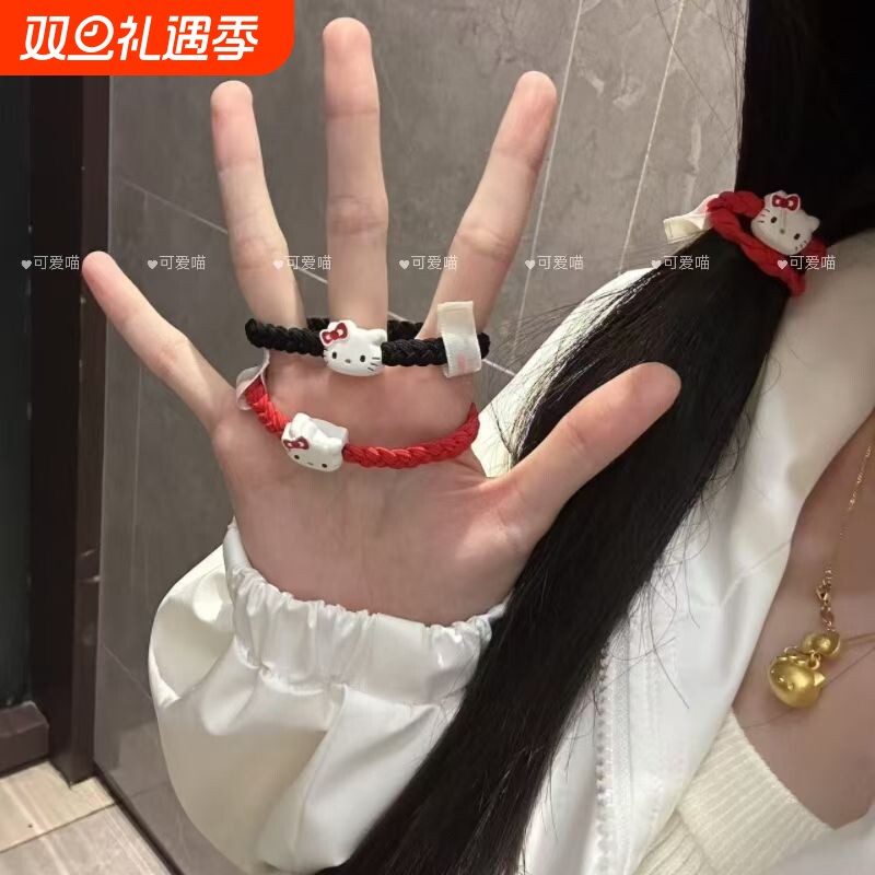皮筋可爱红色Kitty猫编织发圈女高级感扎马尾高弹力发饰头绳秋冬