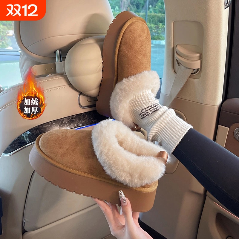 厚底一脚蹬毛毛棉鞋女2025冬季新款巨好看加绒加厚雪地靴白色毛绒