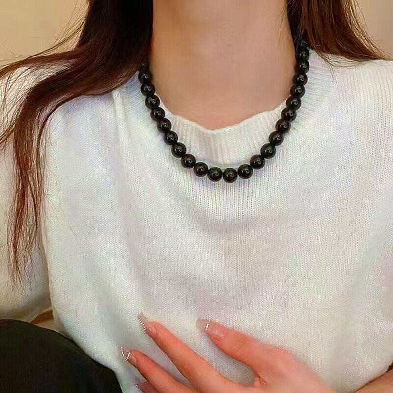 高质量2025创意圆珠黑项链乌金黑曜石项链简约百搭锁骨链金曜石链
