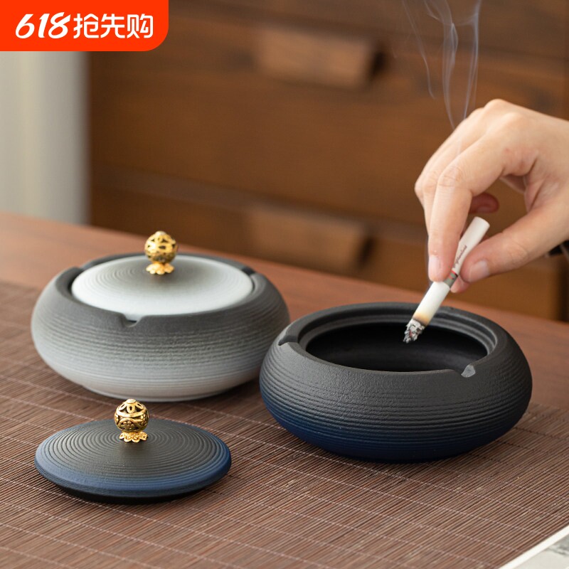 粗陶烟灰缸带盖大号创意办公室卧室客厅家用陶瓷带盖防飞灰烟盒