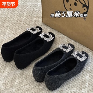 水钻方扣一脚蹬内增高浅口单鞋子女秋冬季加绒2025新款爆款毛毛鞋