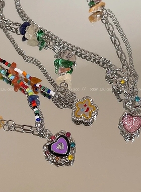 爱心氛围感七彩石夏季彩色项链套装小众设计甜酷辣妹锁骨链镀金