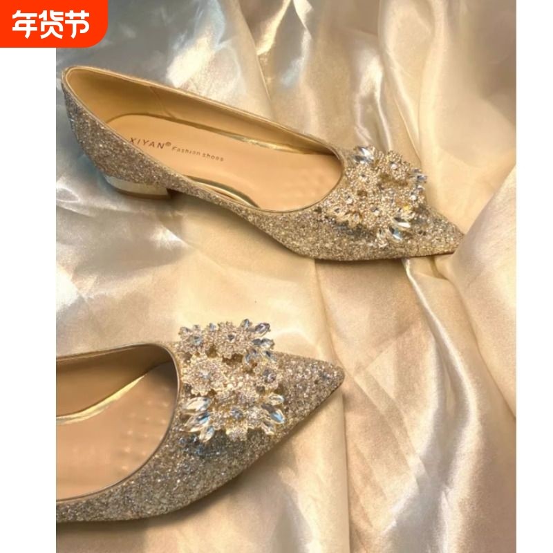 香槟色粗跟结婚鞋2025新款新娘禾秀婚纱两穿孕妇平底高跟鞋不累脚,女鞋,婚鞋,淘宝优惠券,粉丝福利购,淘宝优惠卷