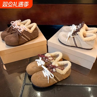 复古内增高毛毛鞋勃肯鞋女2025秋冬季新款加绒保暖系带德训鞋棉鞋