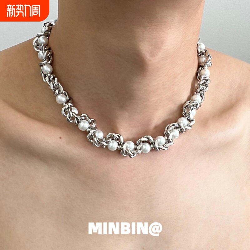 古巴链珍珠设计感颈链 男女通用嘻哈风格项链 多层设计钛钢锁骨链