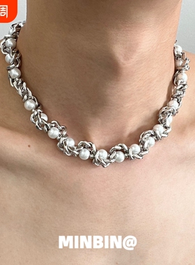 古巴链珍珠设计感颈链 男女通用嘻哈风格项链 多层设计钛钢锁骨链