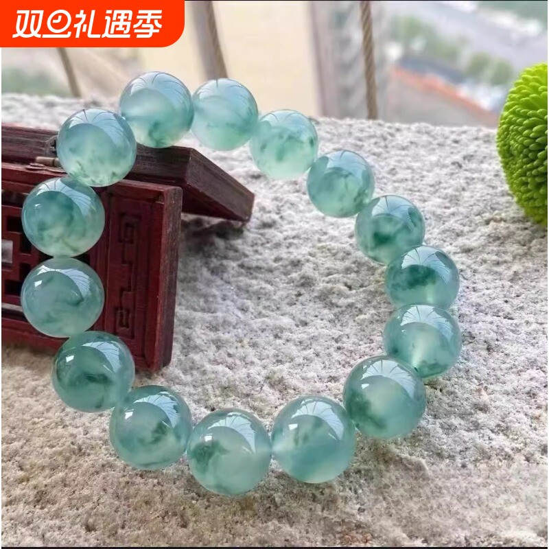 危地马拉冰种飘花翡翠手链老坑蓝水手串冰种飘花仿翡翠送女友礼盒
