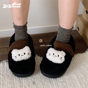 细细条 秋冬可爱小猫咪毛毛单鞋女软萌亲子外穿保暖魔术贴豆豆鞋