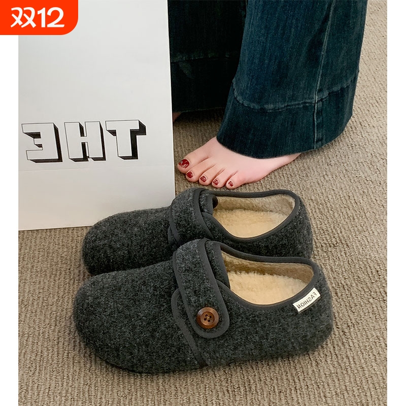厚底灰色加绒豆豆勃肯鞋女毛毛鞋2025新款秋冬季鞋子保暖乐福棉鞋