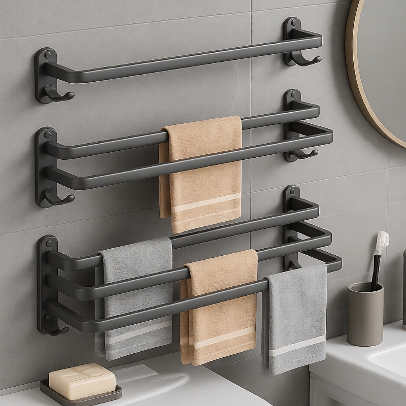 免打孔太空铝毛巾杆单双杆卫生间毛巾架子浴巾挂杆浴室挂架置物架