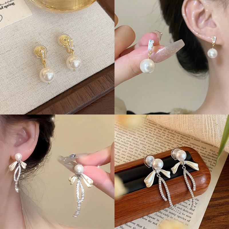 蝴蝶结珍珠耳夹女无耳洞小众高级感耳环女气质百搭蚊香盘耳饰流苏