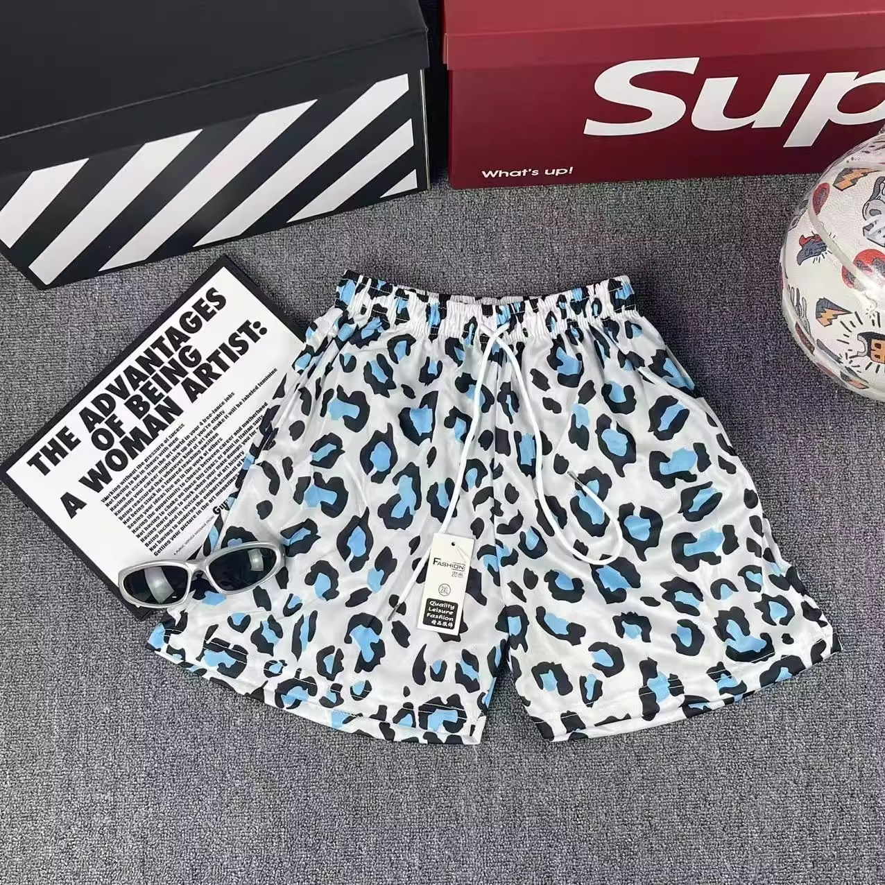 夏季速干男生短裤四分不过膝运动美式网眼透气豹纹篮球篮球裤闪电