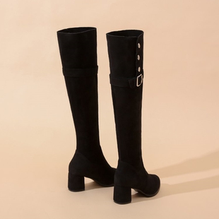 两穿磨砂过膝长筒靴子女2025秋季 长靴冬加绒弹力瘦瘦靴黑色 新款