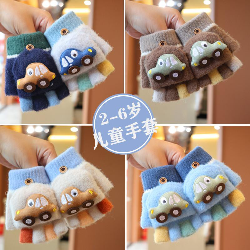 儿童手套秋冬季男女童卡通汽车加绒加厚宝宝保暖五指学生写字手套