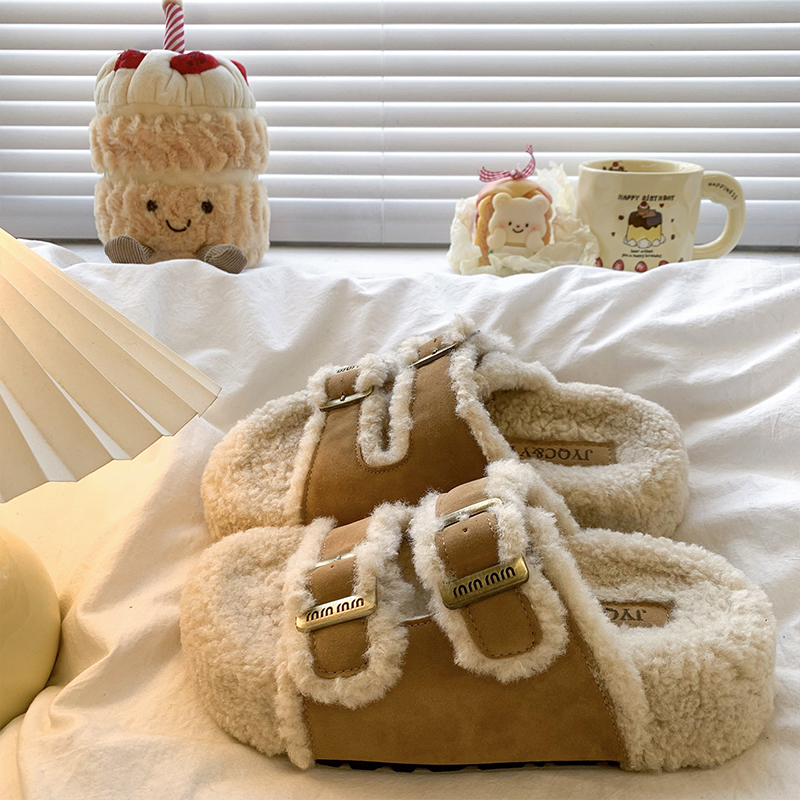 复古勃肯毛毛拖鞋女外穿2025秋冬新款厚底毛茸茸一字扣防滑棉拖鞋