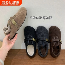 厚底毛呢加绒勃肯鞋女2025秋冬新款灰色保暖棉鞋平底玛丽珍毛毛鞋