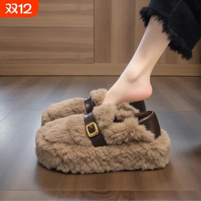 两穿毛毛鞋女2025年新款秋冬季厚底增高加绒保暖一脚蹬棉鞋黑色