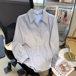 法式V领蓝色衬衫女2025春秋新款高级感面试白色正装上衣大码衬衣