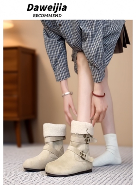 5CM内增高勃肯短靴雪地靴女冬季加绒加厚保暖棉鞋子白色毛绒磨砂
