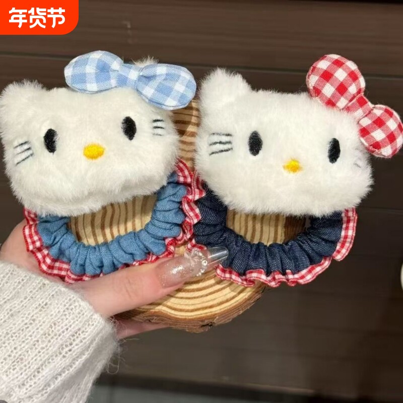 秋季新款红蓝色格子领结猫咪发圈可爱毛绒公仔小肠圈少女高弹kt猫