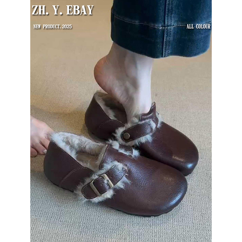 复古平底保暖勃肯鞋女2025新款冬季加绒百搭舒适毛毛棉鞋防滑圆头