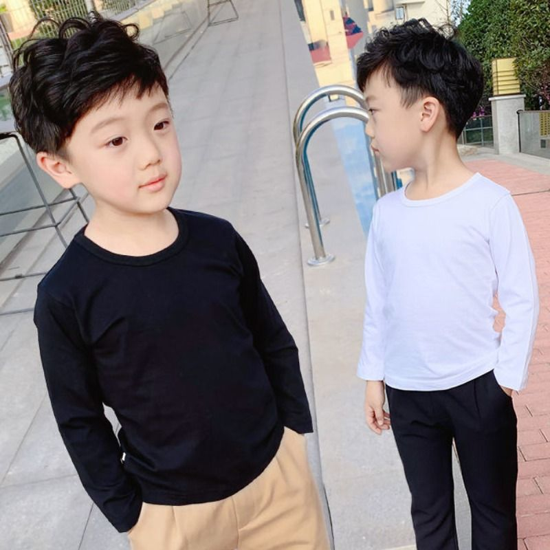 儿童长袖T恤中大男童装新款小童白色纯黑色圆领长袖t恤打底衫全棉