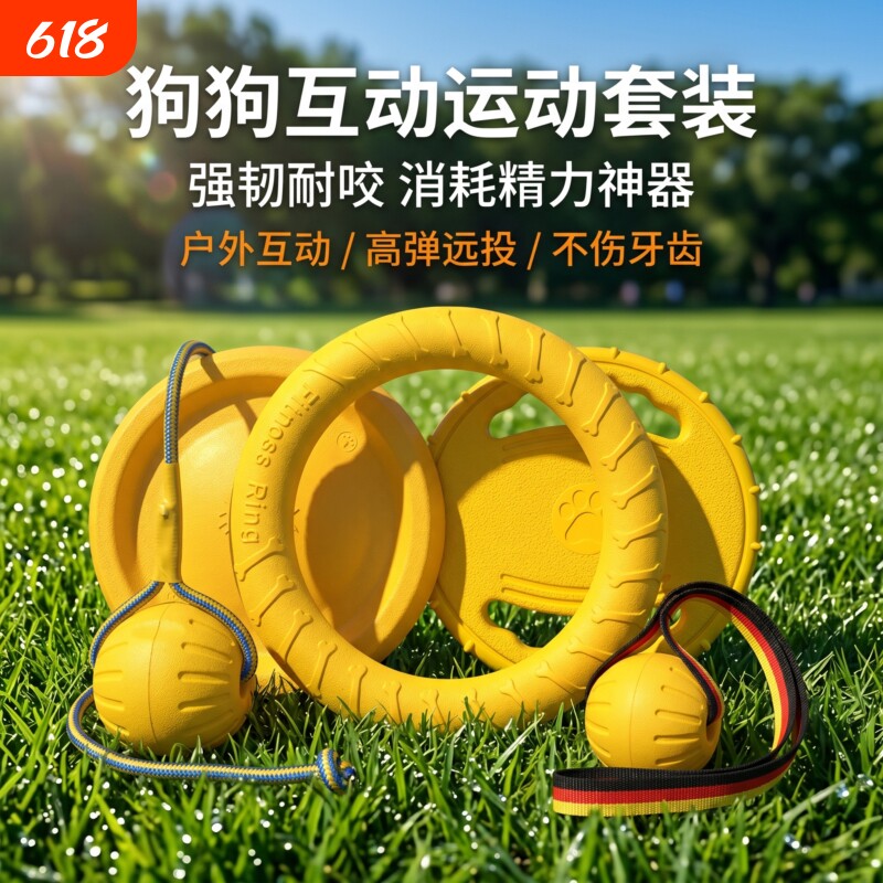 狗狗飞盘玩具边牧柯基中大型犬互动耐咬宠物训练巡回拉环精力绳球