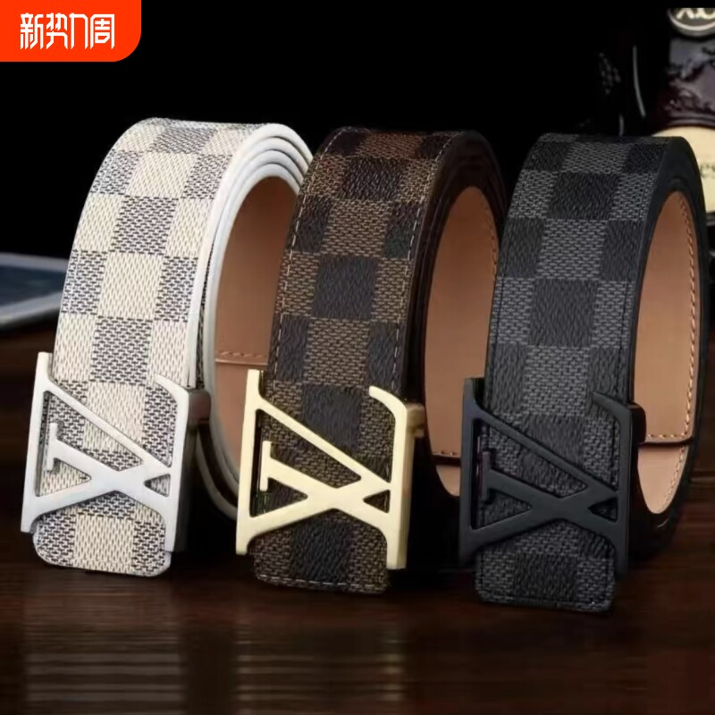 皮带男士真皮印花格纹新款平滑内扣年轻人名牌腰带奢侈品裤带男潮