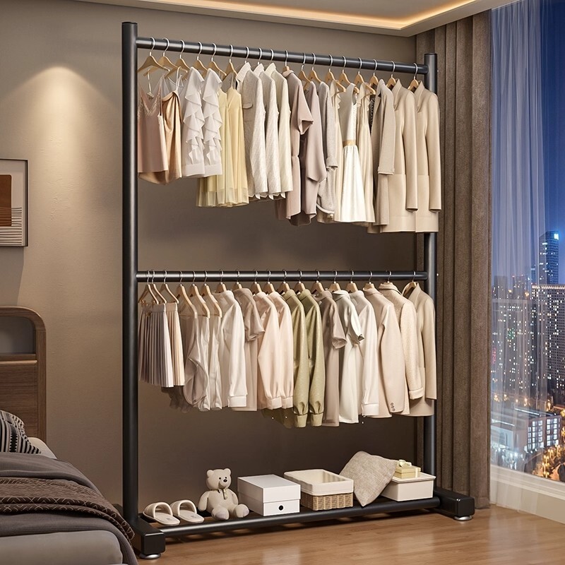 双层落地挂衣架卧室家用上下层学生宿舍衣帽架衣服加粗窄缝挂衣杆