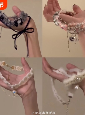 千金小香 毛绒绒灰色蝴蝶结双层项链锁骨链甜酷风秋冬本命choker